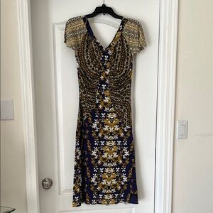Just Cavalli Blue and Gold Patterned Midi Dress, 46, NWOT